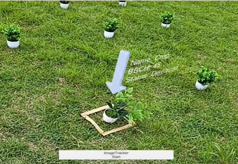 Mobile AR view: image tracker registered to a marker, with diseased crops highlighted in the field